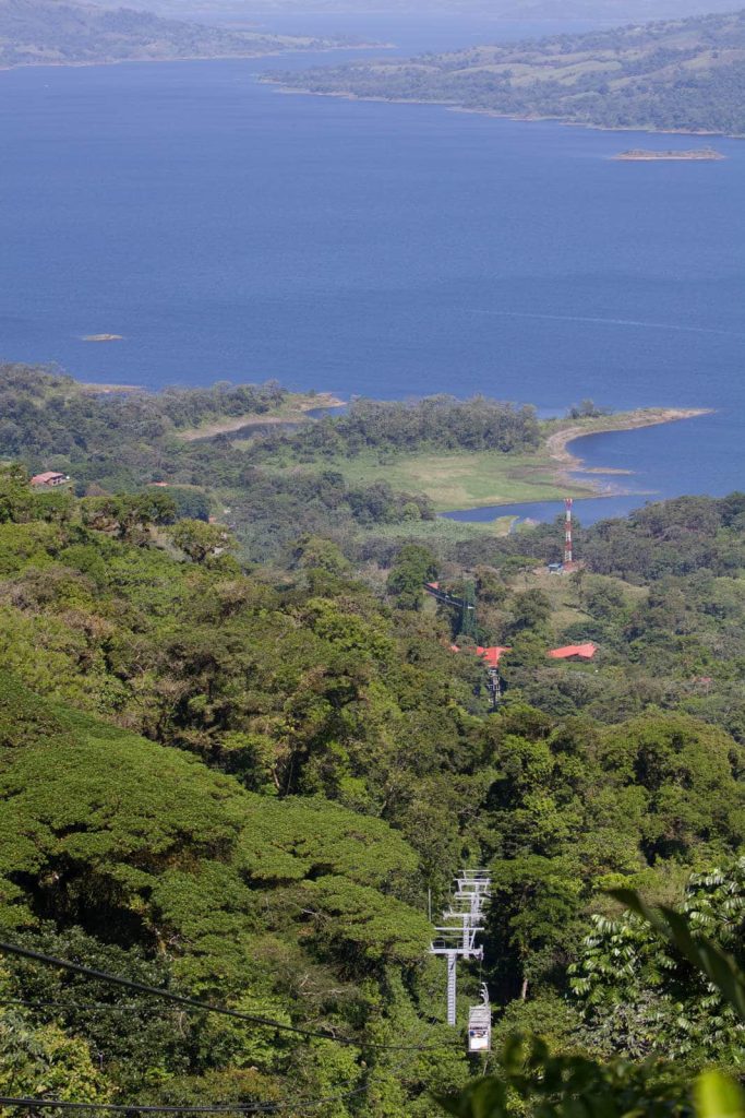 Aerial tram over lush green landscape.