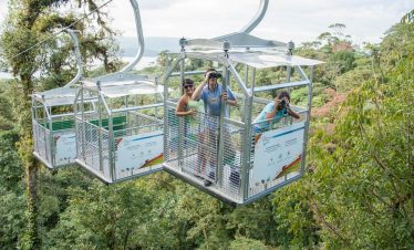 Aerial tram above lush rainforest canopy.