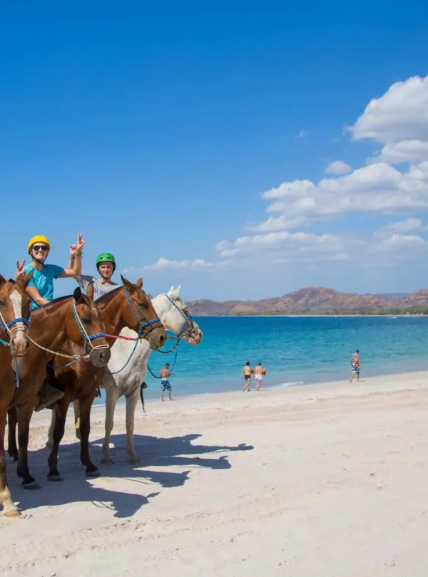 People horseback riding on the beach.