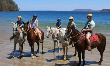 Group horseback riding on the beach.